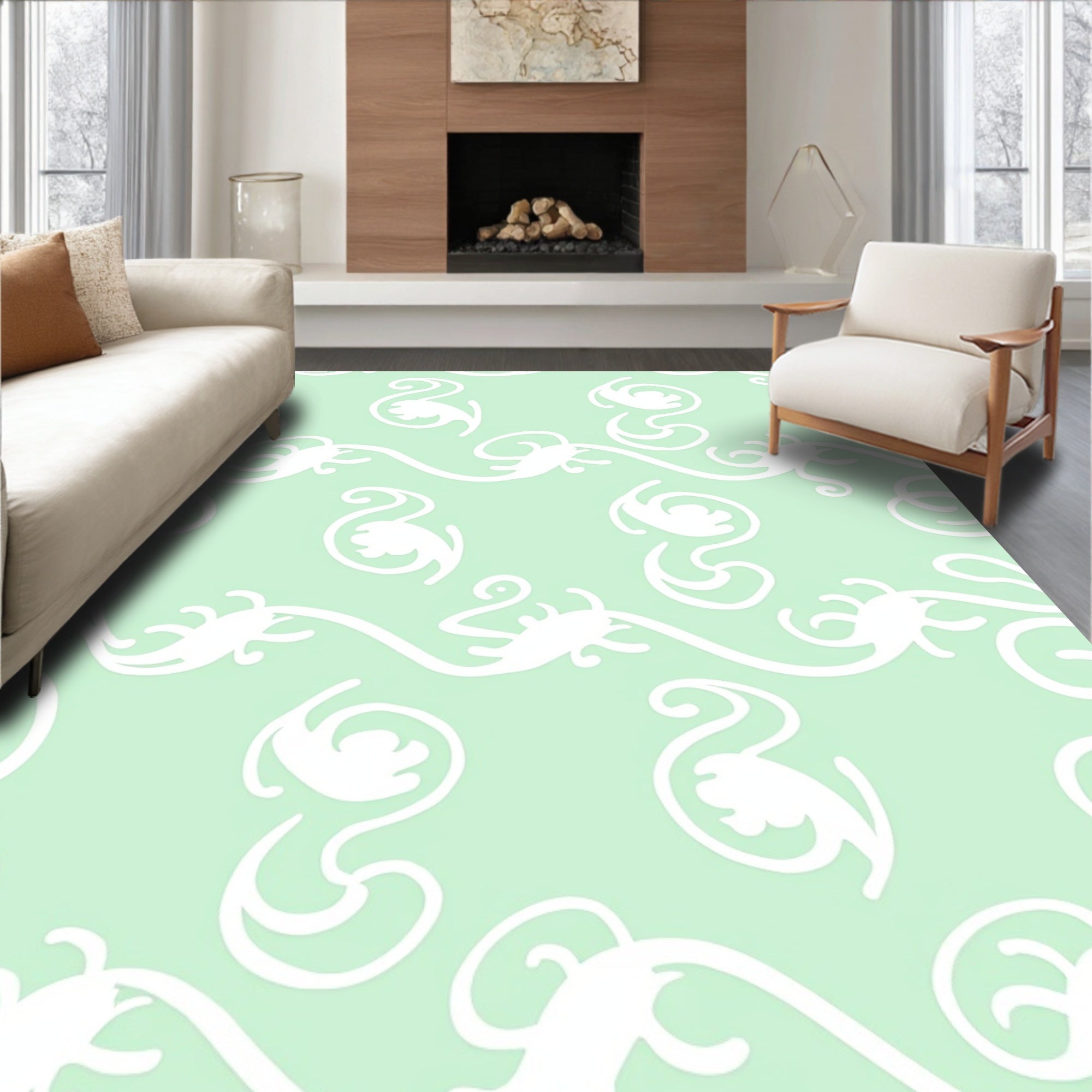 Mint Green Swirl Botanical Pattern Rug