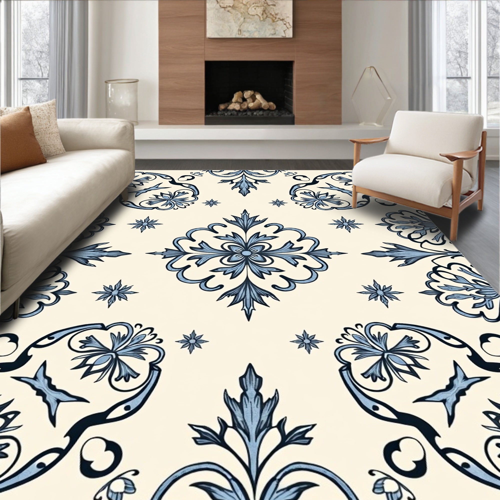 Elegant Light Blue Floral Medallion Design Rug
