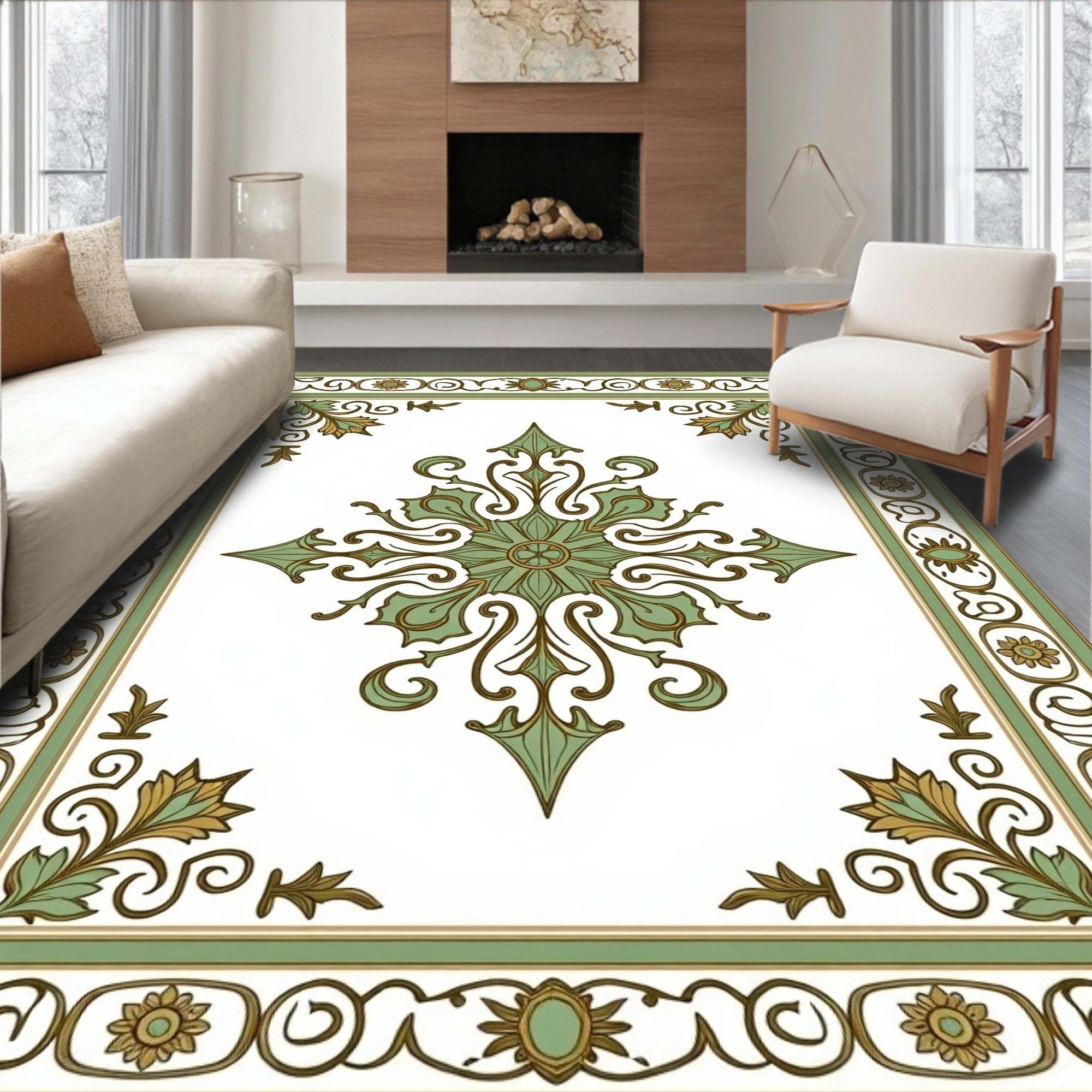 Ornate Green Floral Mandala Design Rug