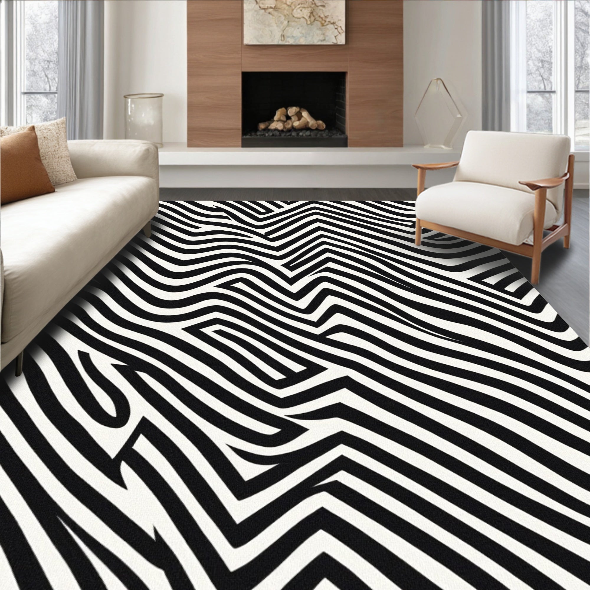 Black And White Wavy Abstract Design Rug