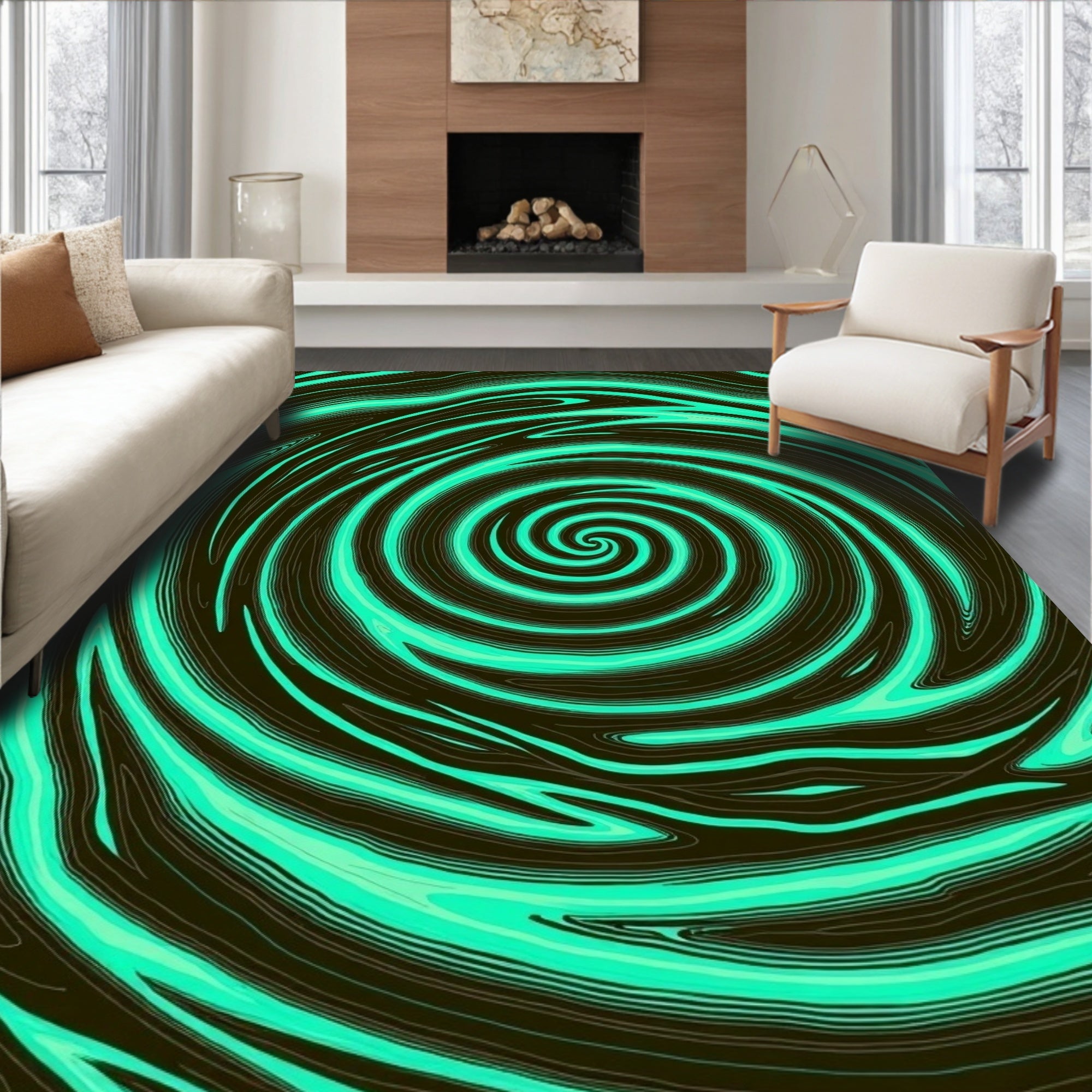 Swirling Teal Black Organic Pattern Rug