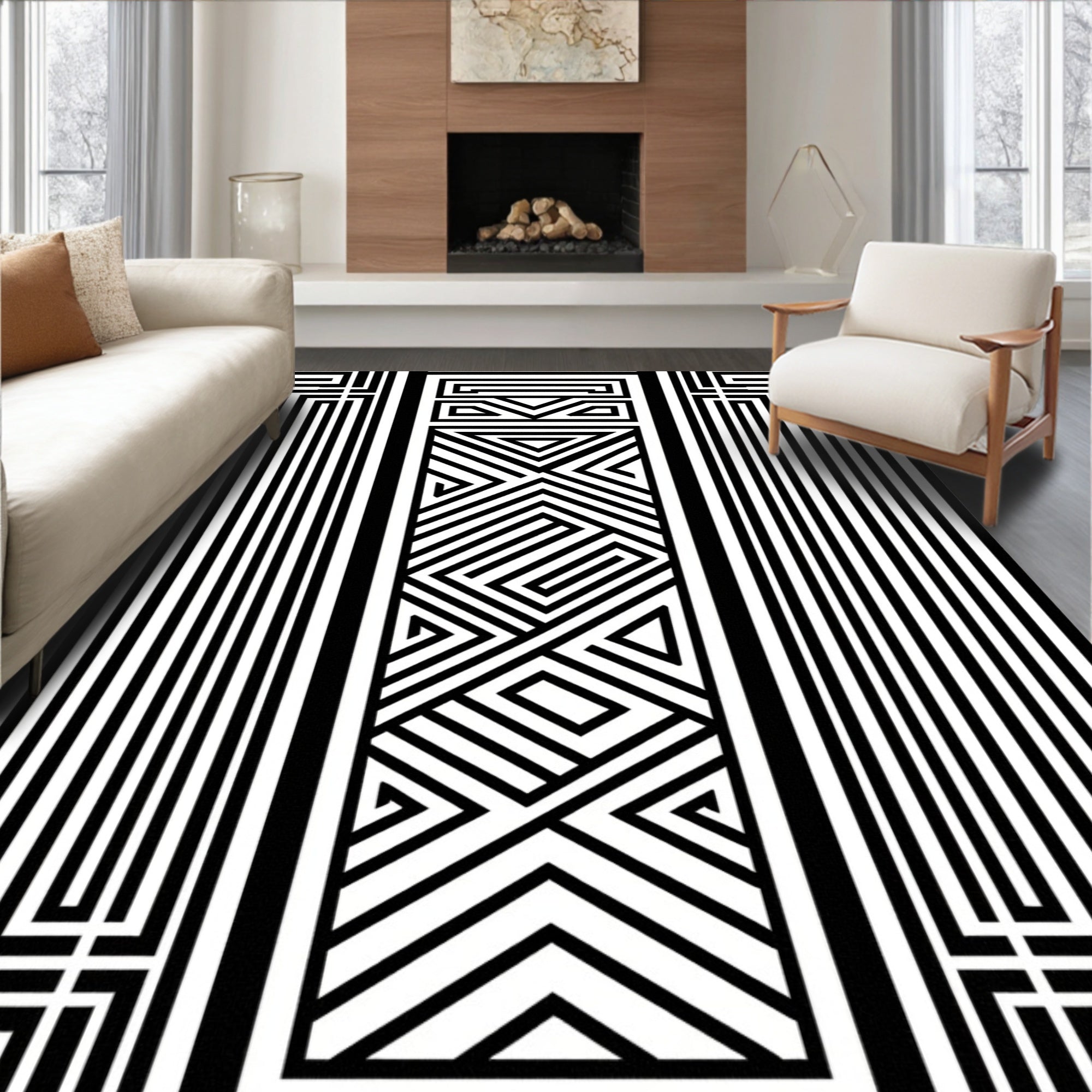 Bold Black White Geometric Maze Rug