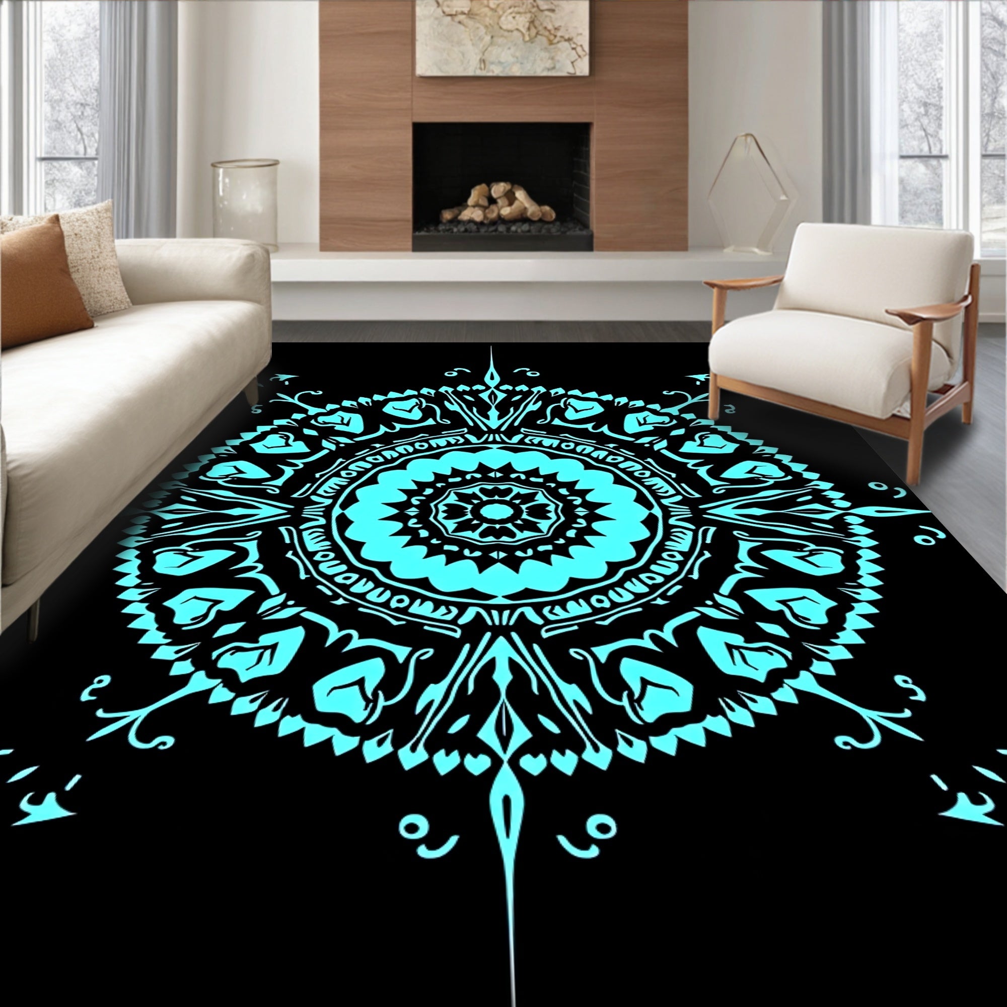 Intricate Aqua Medallion Tribal Design Rug