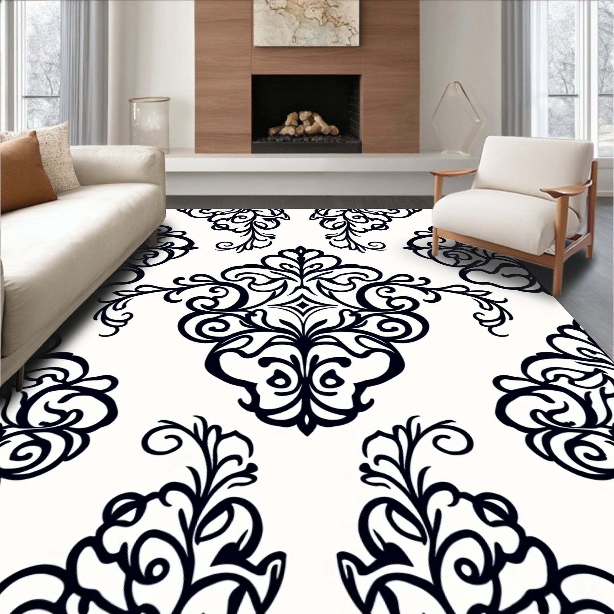 Elegant Floral Scroll Black White Design Rug