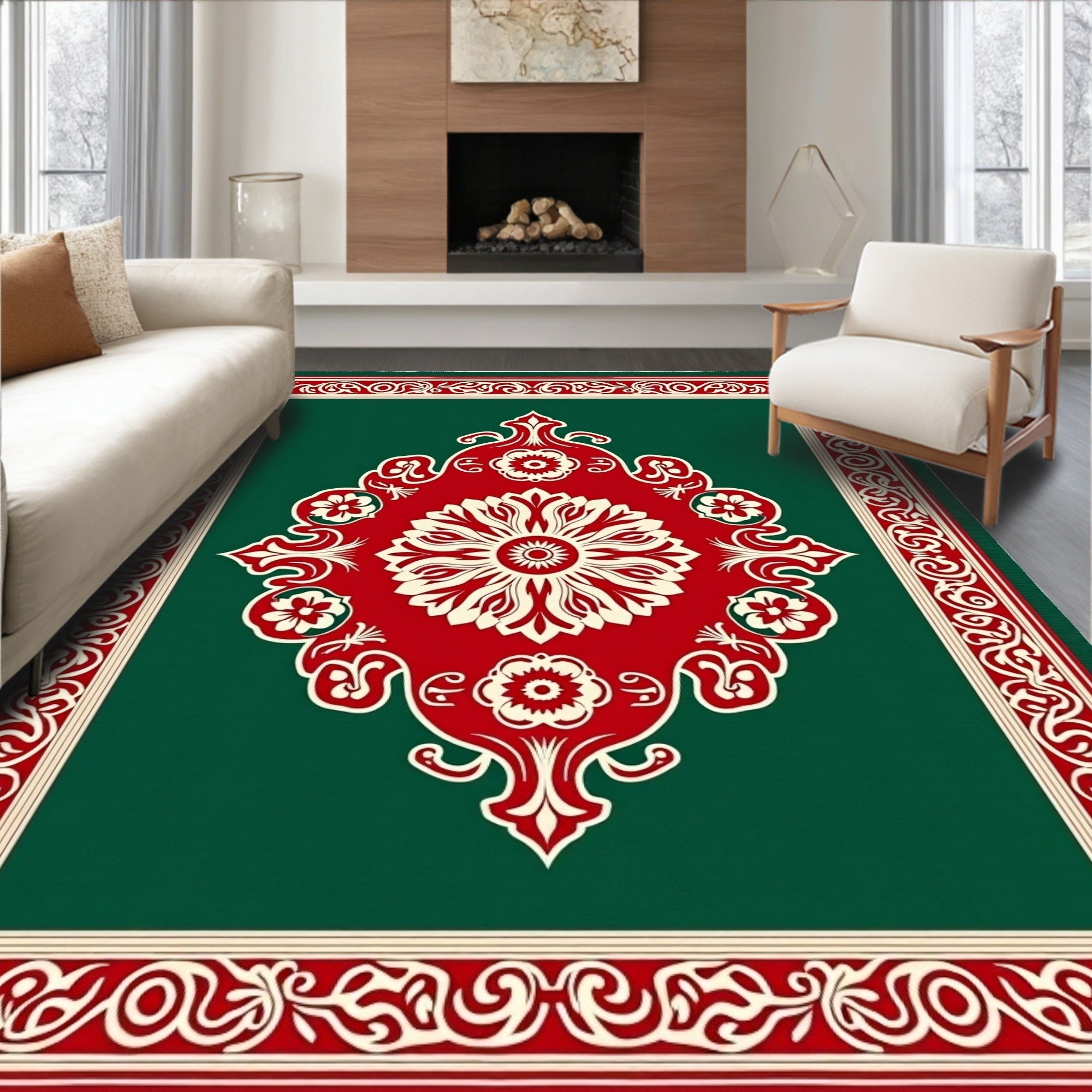 Ornate Floral Crimson Red Green Rug