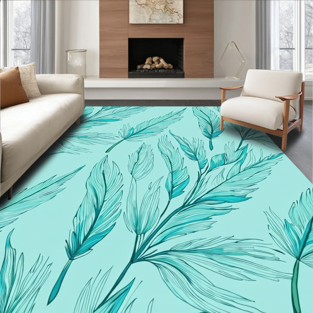Elegant Teal Feather Pattern Design Rug