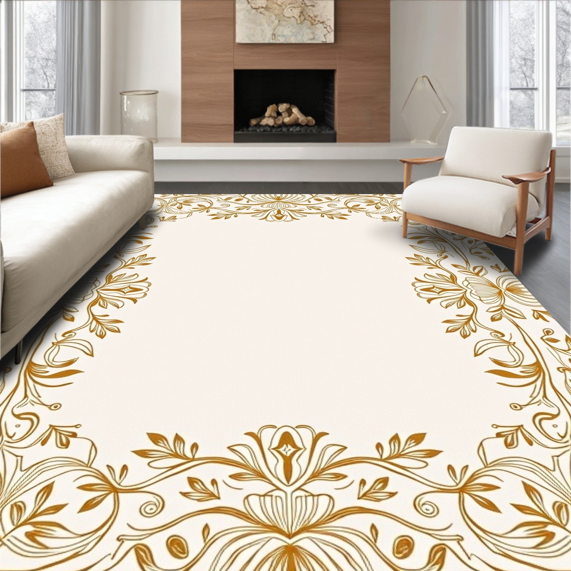 Ornate Floral Vine Border Design Rug