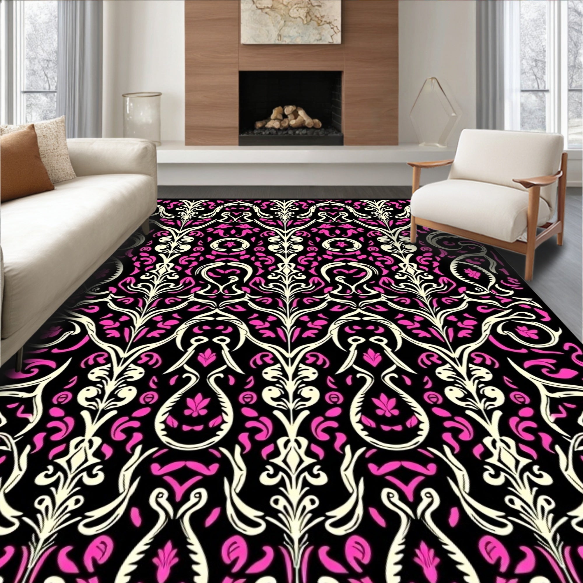 Bold Floral Ivory Pink Pattern Rug