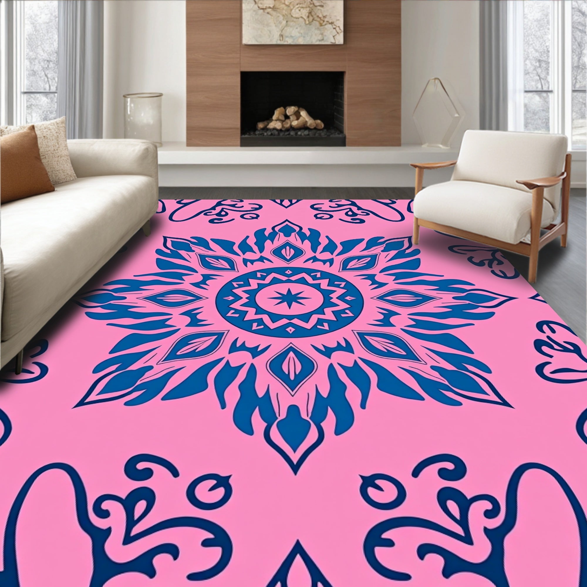 Blue Floral Mandala Pattern Rug