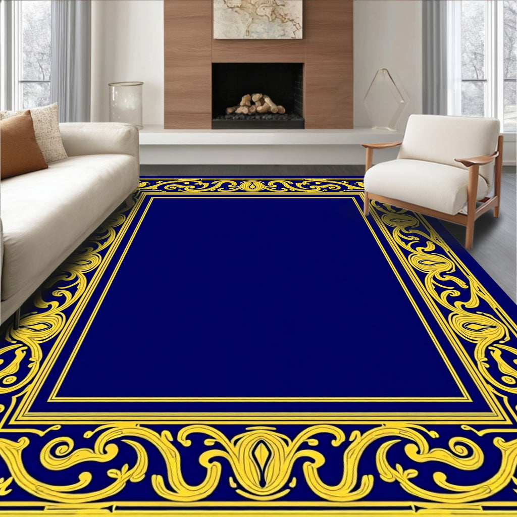 Ornate Floral Blue and Gold Border Rug