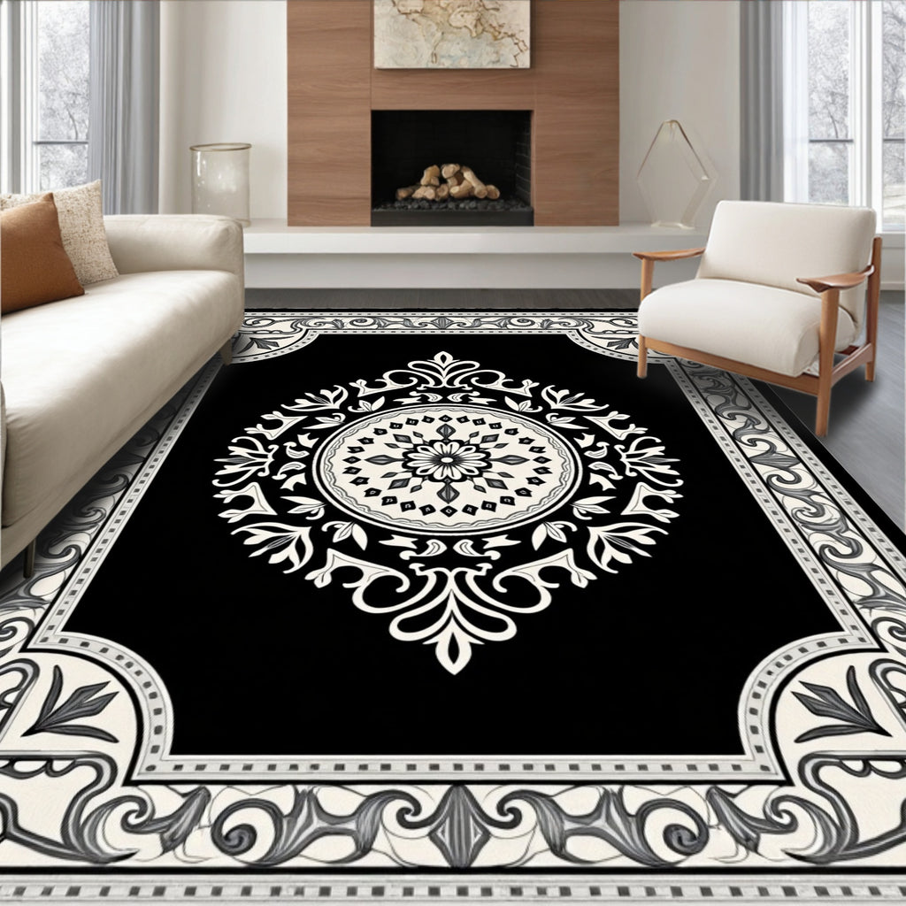Black White Floral Medallion Border Rug