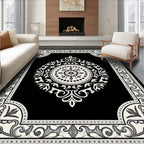Black White Floral Medallion Border Rug