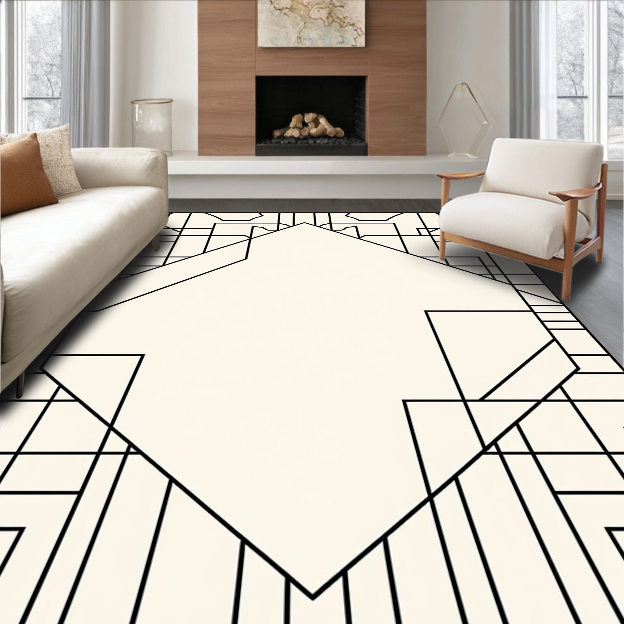 Art Deco Diamond Geometric Black Outline Rug