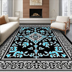 Black Blue Floral Medallion Pattern Rug