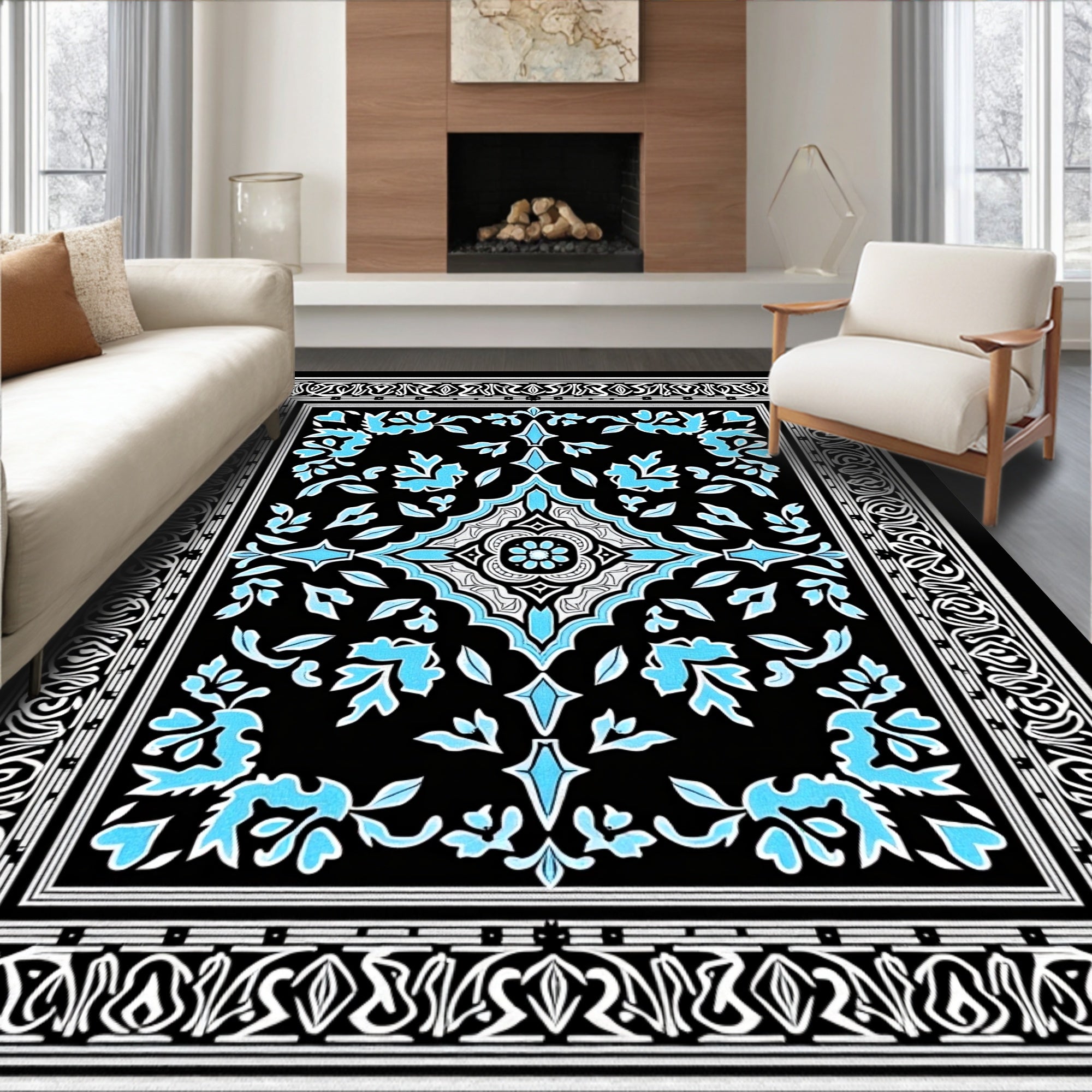 Black Blue Floral Medallion Pattern Rug
