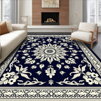 Navy Cream Floral Mandala Pattern Rug