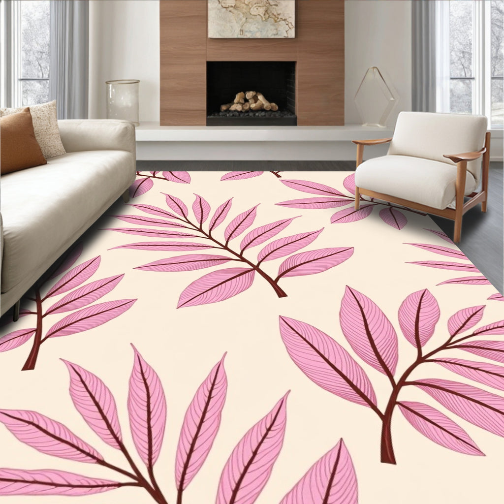 Pink Leaf Pattern Botanical Design Rug