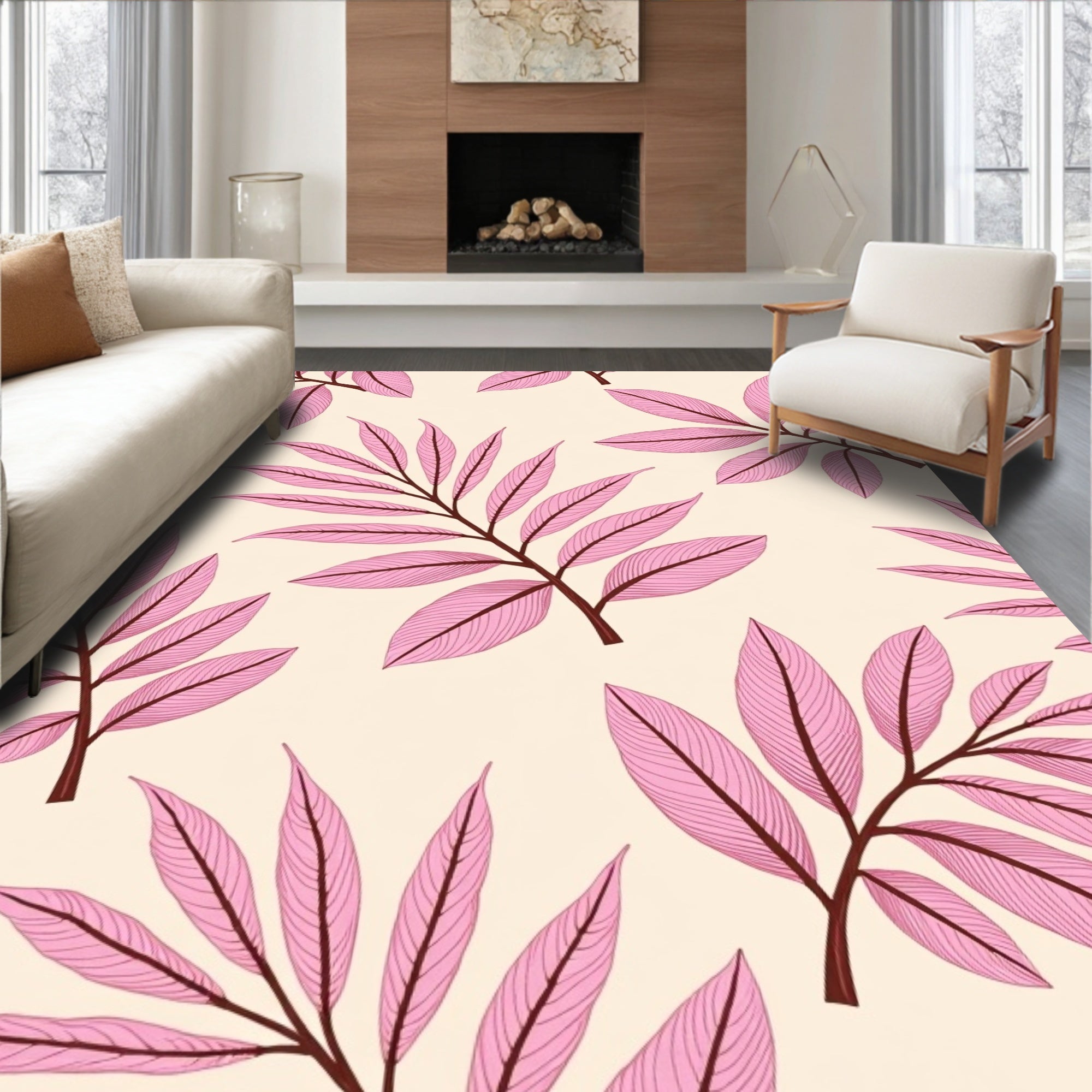 Pink Leaf Pattern Botanical Design Rug