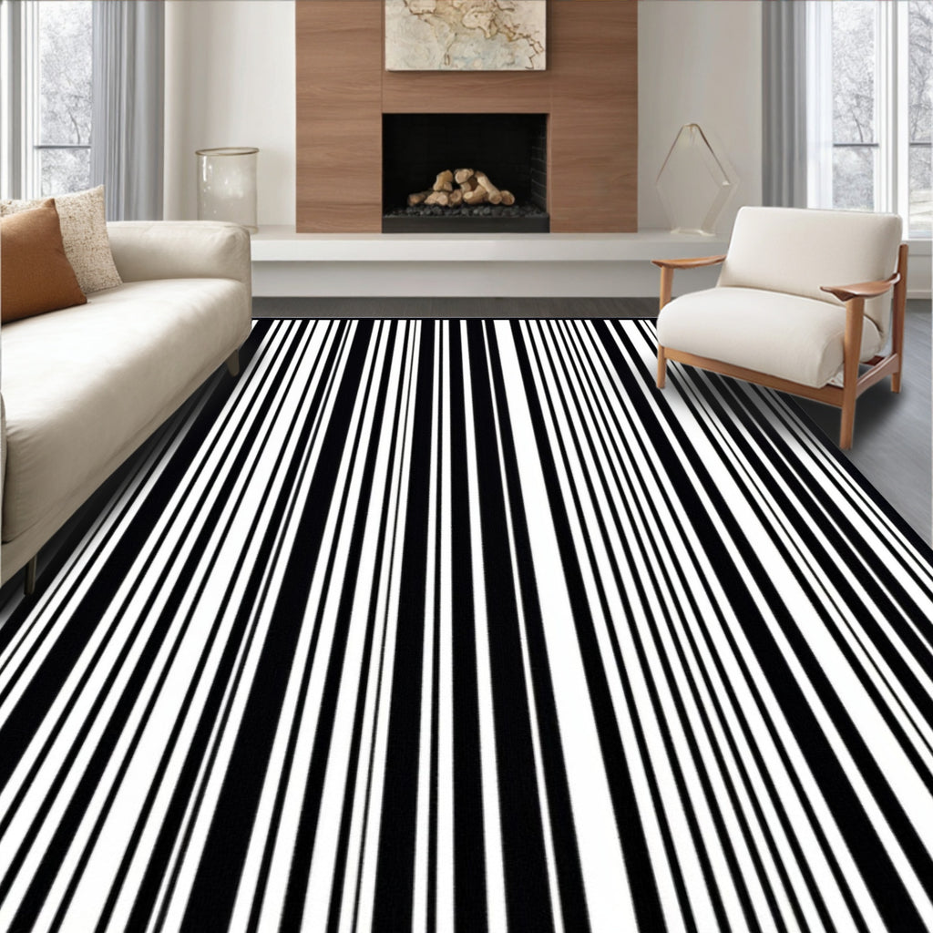Bold Black White Striped Design Rug