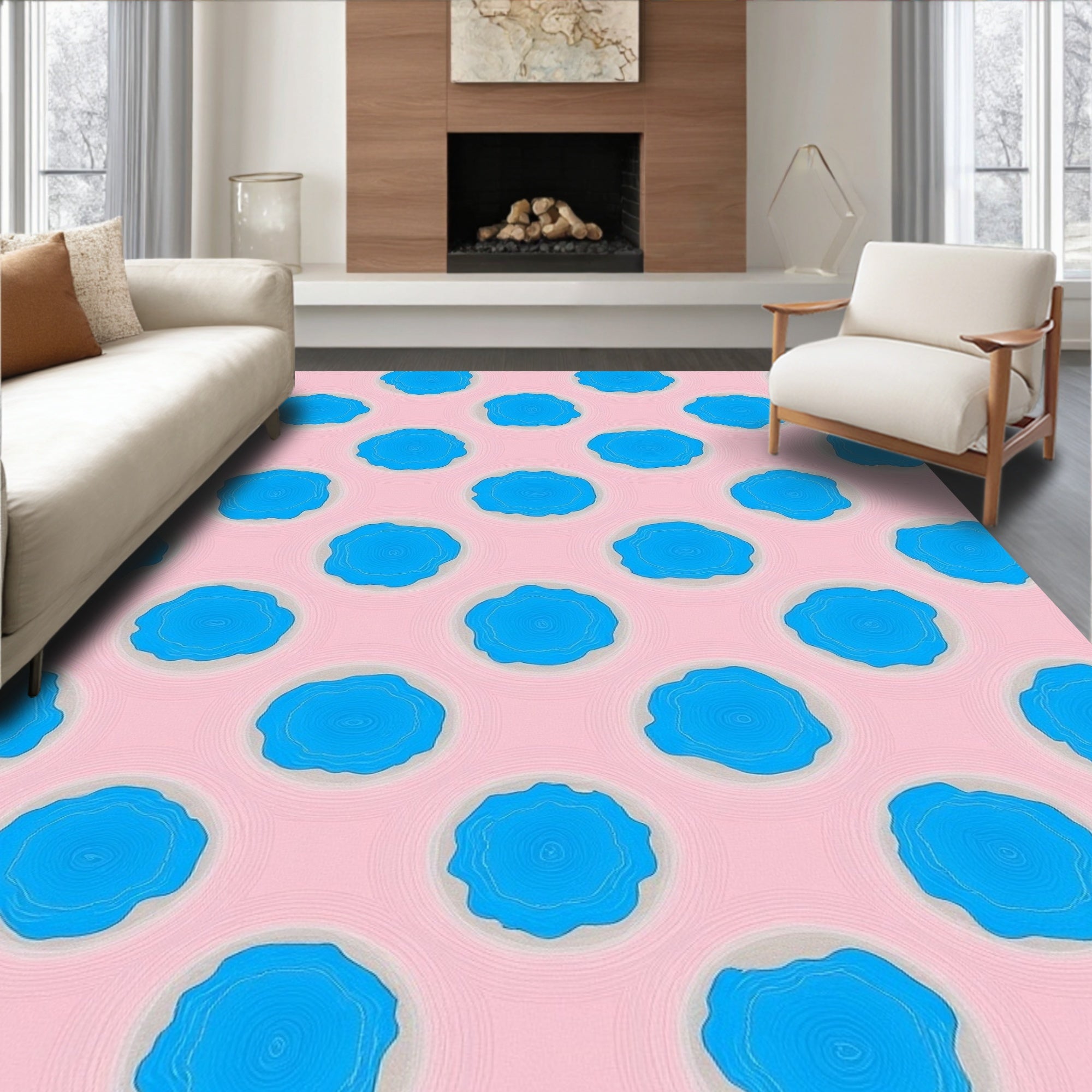 Whimsical Blue Circles Pink Pattern Rug