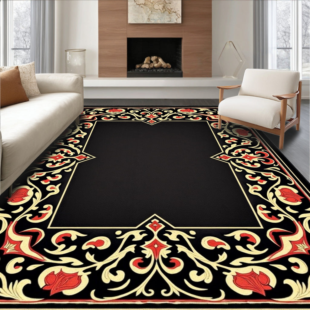 Black Floral Red Swirls Rug