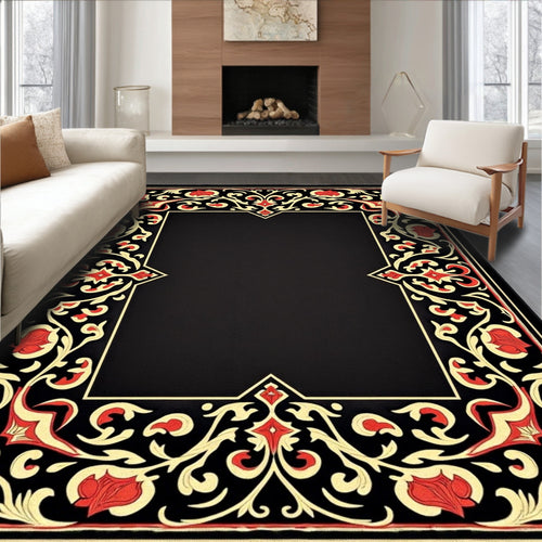 Black Floral Red Swirls Rug
