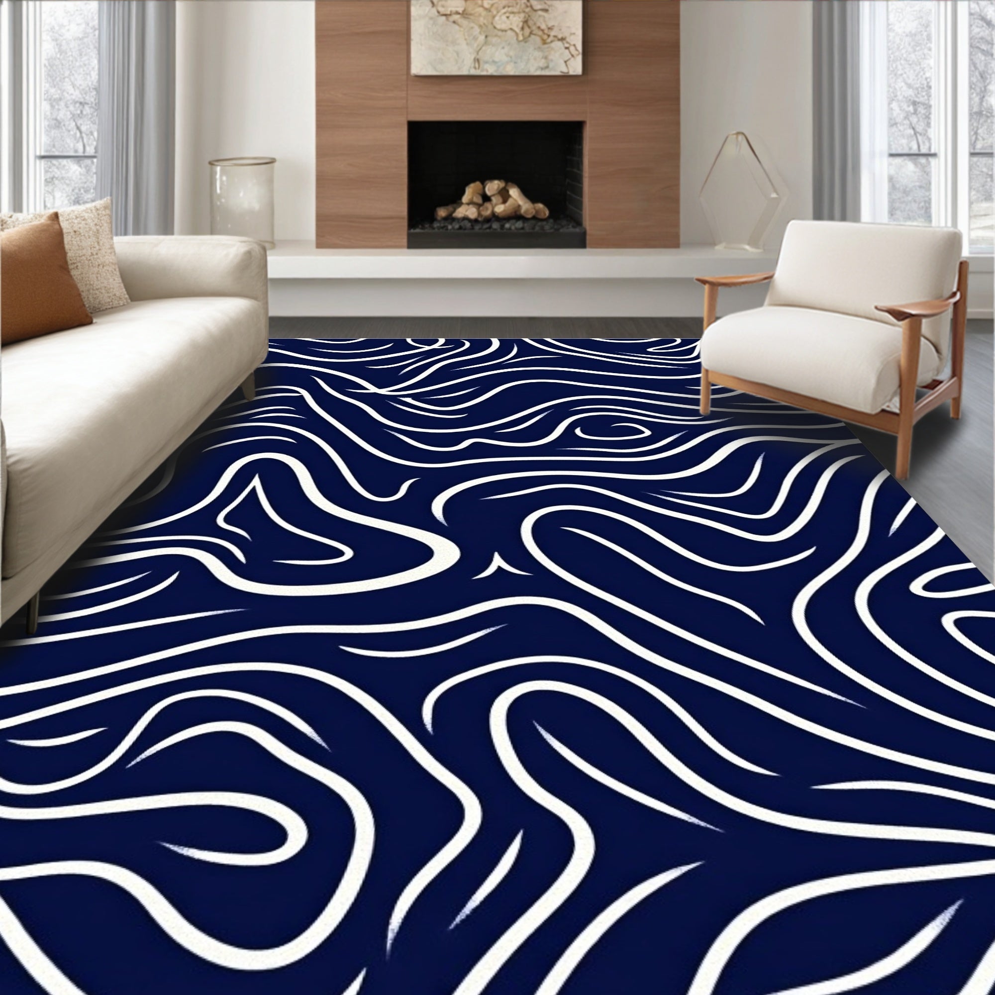Fluid White Line Abstract Design Rug