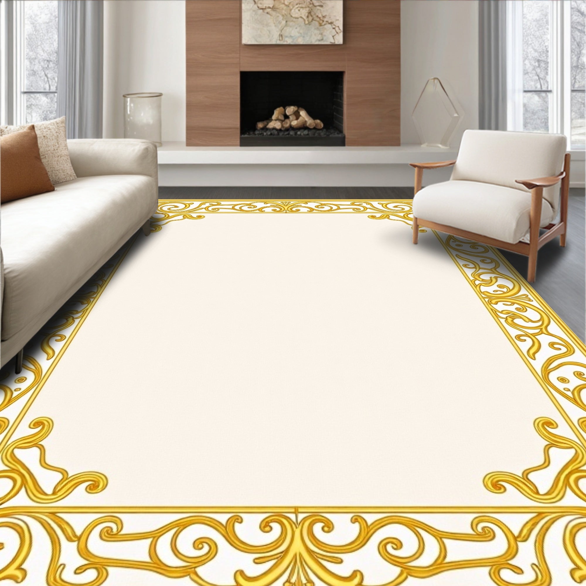 Ornate Gold Flourish Border Design Rug