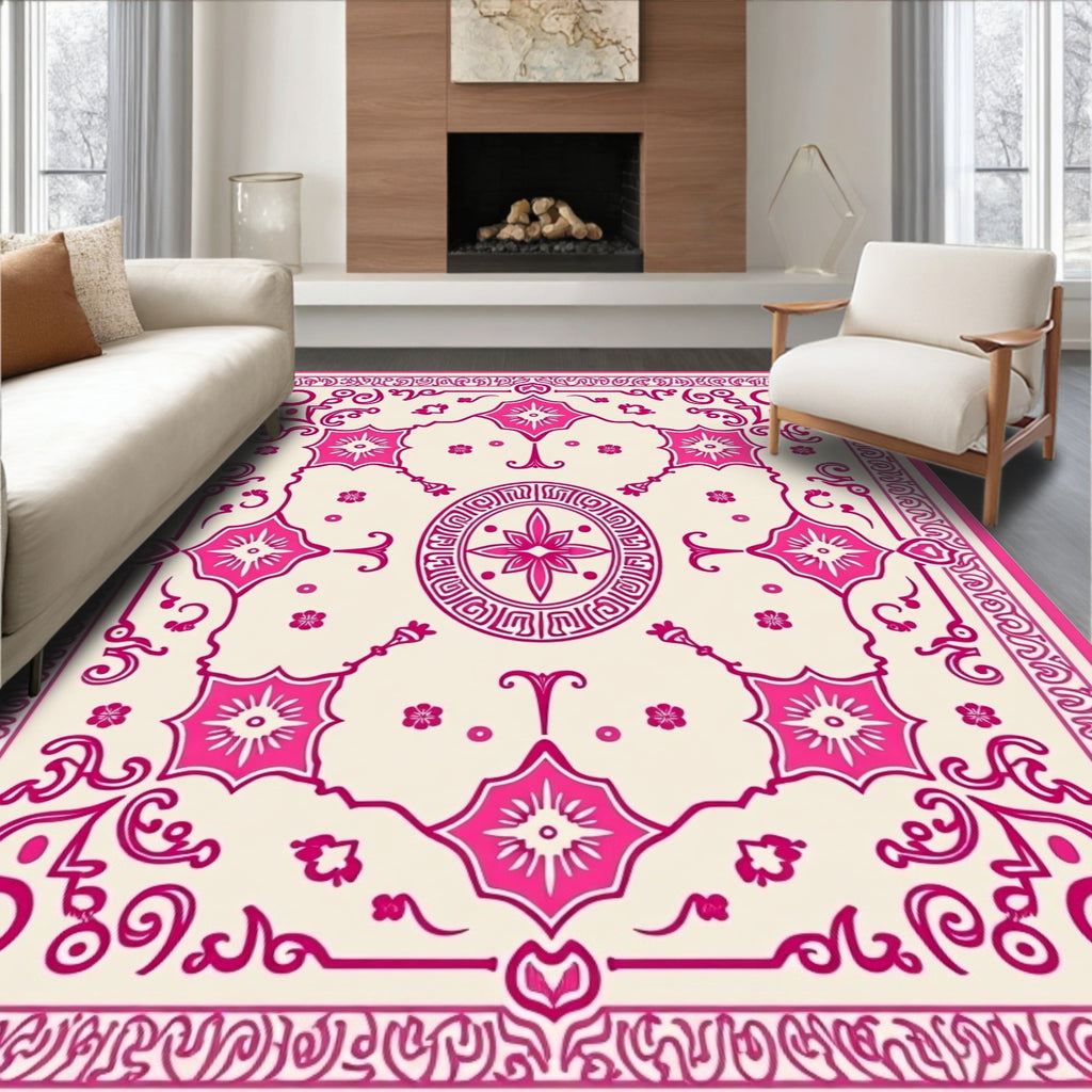 Intricate Floral and Geometric Pink Rug