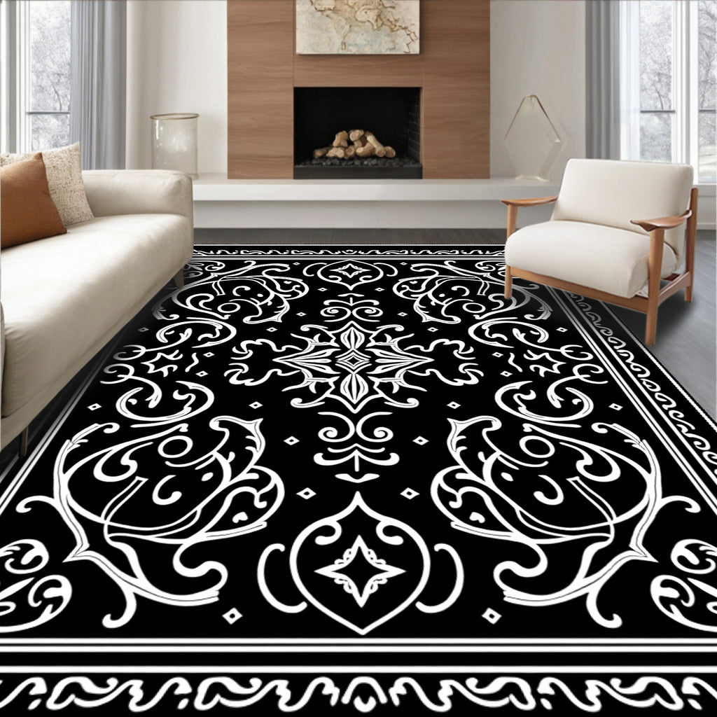 Monochromatic Ornate Scrollwork Ornamental Design Rug